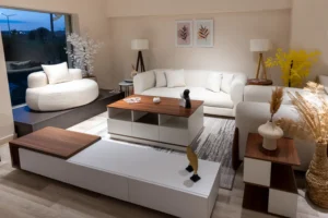 ⁦طقم انتريه خشب زان -اسفج سوفت عالي الكثافة و قماش كتان كويا⁩ - الصورة ⁦2⁩