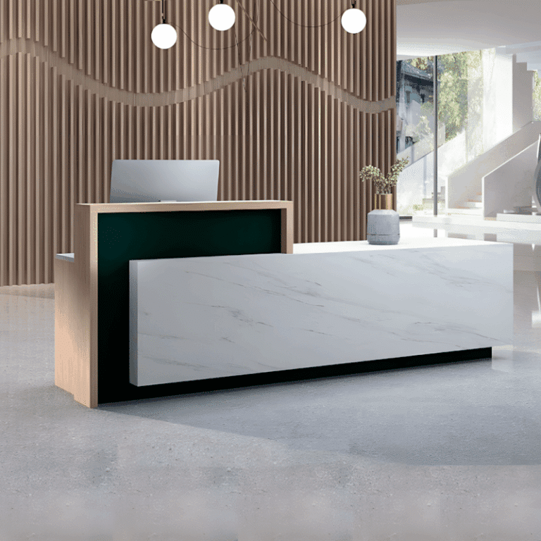 Company_Reception_Desk_Imitation_Marble_Hall-768x768 كاونتر استقبال ريسبشن رخام أبيض متداخل مع أخضر زيتي وإطار خشب فاتح | كاونتر لمسة للأثاث - الصورة 1