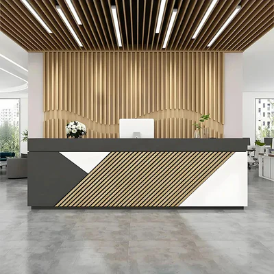 JDT-7112-01-WKC كاونتر استقبال ريسبشن مودرن بتتصميم هندسي مائل وخشب مضلع ثلاثي الألوان | كاونتر لمسة للأثاث - الصورة 1