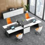 خلية عمل مكتبية رباعية مودرن خشب MDF إسباني أبيض في رمادي مع وحدة تنظيم مركزية وحواجز زجاجية | لمسة للأثاث