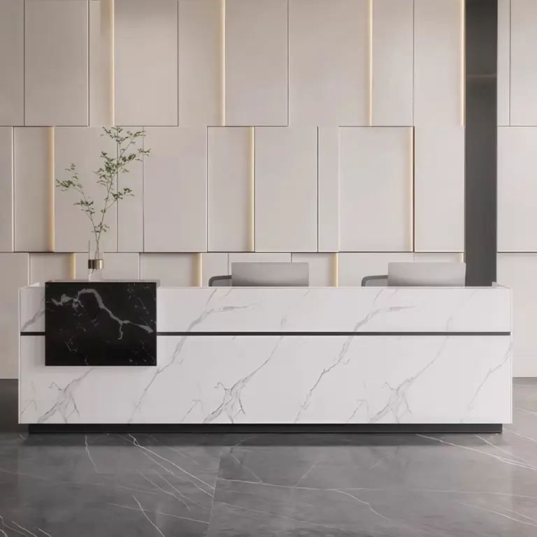 Multi-Functional-Reception-Desk-for-Businesses-Scenes-1-768x768 كاونتر استقبال ريسبشن رخام أبيض ممتد مع كتلة رخامية سوداء جانبية | كاونتر لمسة للأثاث - الصورة 1
