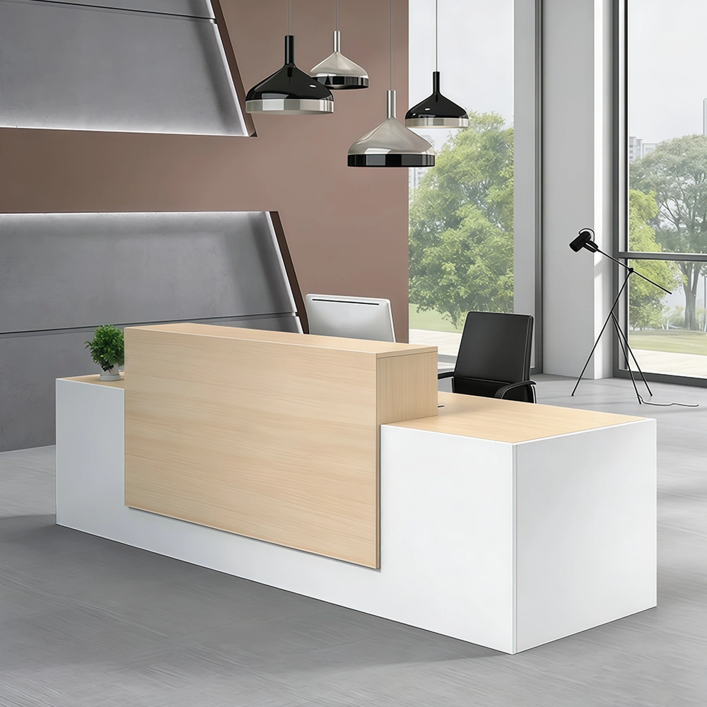 Small-Office-Front-Desk-Modern-Reception-Counter-Scenes-1 كاونتر استقبال ريسبشن مودرن أبيض مع واجهة خشبية بارزة فاتحة بمستويين | كاونتر لمسة للأثاث - الصورة 1