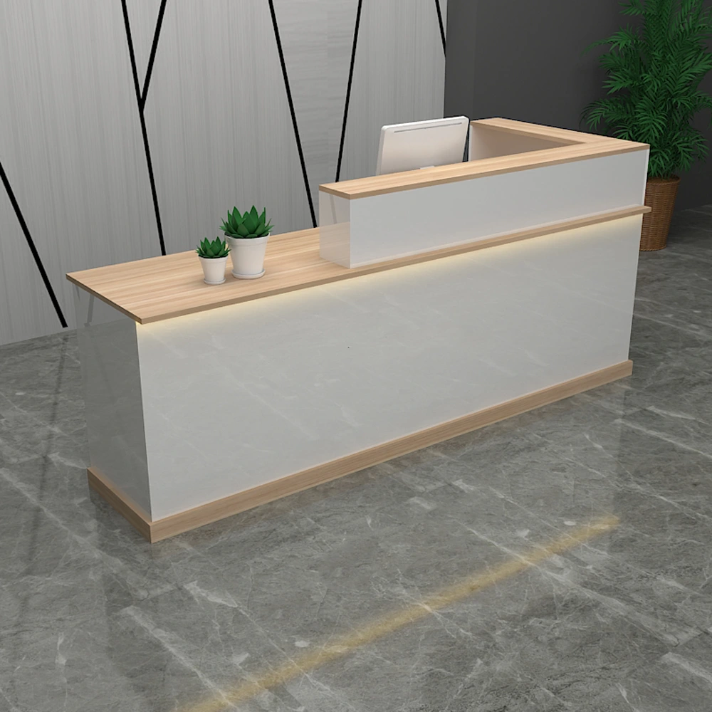 White-Wood-grain-left كاونتر استقبال ريسبشن مودرن أبيض بمستويين مع أسطح خشبية وإضاءة LED | كاونتر لمسة للأثاث - الصورة 1