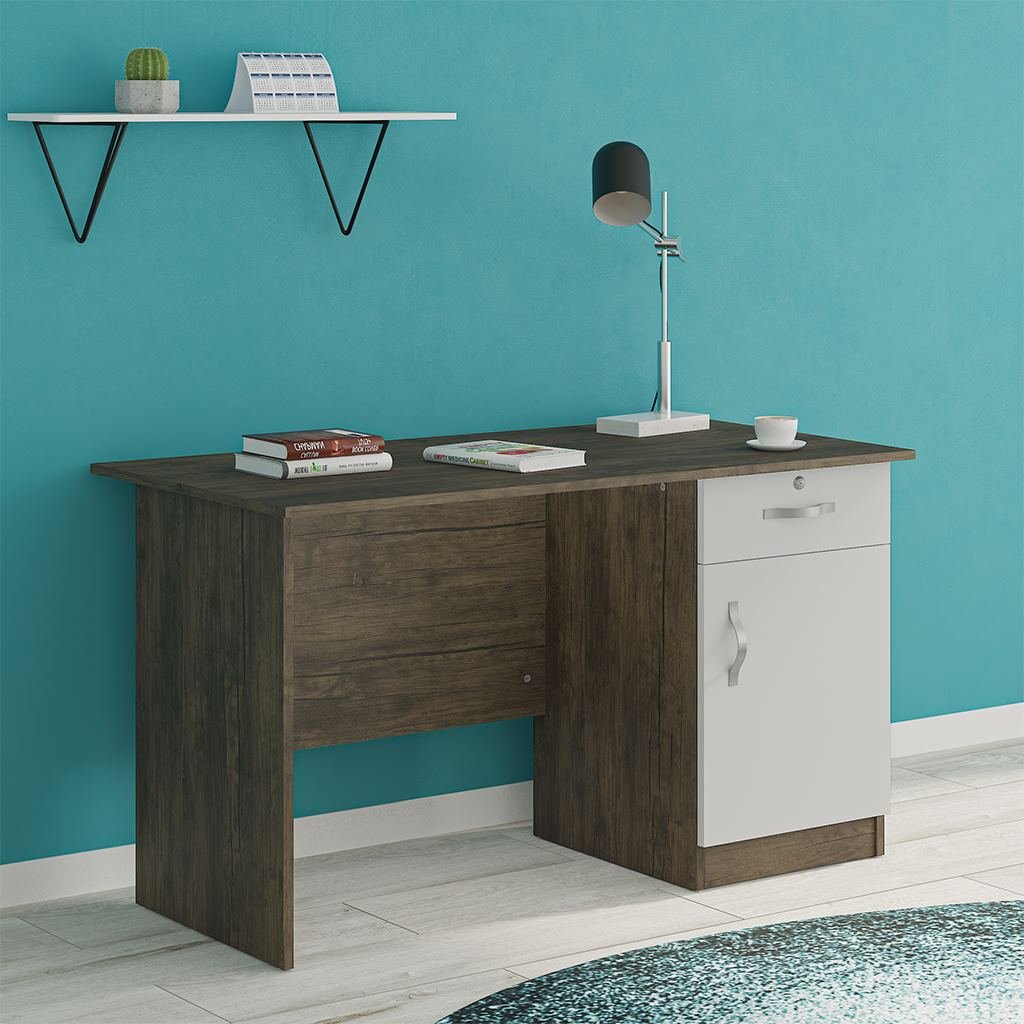 ela-off-3_1 مكتب موظفين مودرن بسايد جانبي درج بقفل وضلفة بلون بني جوزي وأبيض (Modern Executive Employee Desk - Dark Walnut & White) - الصورة 1
