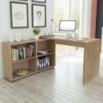 مكتب موظفين زاوية L مودرن بني بيج خشبي MDF إسباني بمكتبة جانبية مفتوحة | لمسة للأثاث