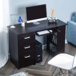 مكتب موظفين كمبيوتر مودرن بـ 3 أدراج ورف لوحة مفاتيح ومساحة كيسة بلون بني غامق (Modern Employee Computer Desk - Dark Brown & CPU Stand)
