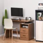 مكتب موظفين مودرن مدمج بوحدة تخزين جانبية بلون خشبي دافئ وتفاصيل سوداء (Modern Compact Employee Desk - Warm Wood & Black)
