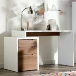 مكتب موظفين مودرن متدرج بـ 3 أدراج جانبي بلون أبيض وبني جوزي (Modern Tiered Employee Desk - White & Walnut)