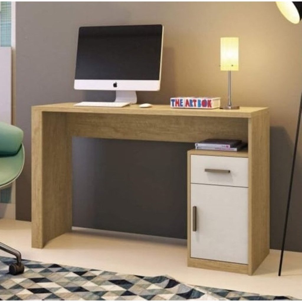 mk17_1 مكتب موظفين مودرن بوحدة تخزين درج وضلفة بلون خشبي فاتح وأبيض (Modern Employee Desk - Light Wood & White) - الصورة 1