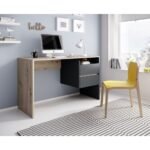 مكتب موظفين مودرن بوحدة أدراج معلقة بلون خشبي فاتح ورمادي غامق (Modern Hanging Pedestal Employee Desk)