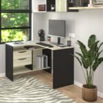 مكتب موظفين مودرن زاوي (حرف L) بـ 3 أرفف ودرجين بلون أسود وخشب فاتح (Modern L-Shaped Corner Employee Desk - Black & Light Wood)