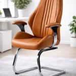 كرسي مكتب إداري فاخر بخياطة طولية وقاعدة كروم ثابتة - جلد جملي / هافان (Executive Office Chair with Vertical Stitching & Chrome Cantilever Base - Camel Leather)