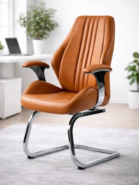 2131 كرسي مكتب إداري فاخر بخياطة طولية وقاعدة كروم ثابتة - جلد جملي / هافان (Executive Office Chair with Vertical Stitching & Chrome Cantilever Base - Camel Leather) - الصورة 1