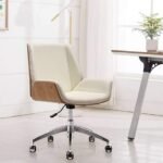 كرسي مكتب إداري مودرن بظهر متوسط وتطعيمات فورمايكا خشبية فاتحة - جلد أوف وايت (Mid-Back Modern Executive Office Chair - Off-White Leather with Light Wood-Look Shell)