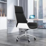 كرسي مكتب إداري مودرن بظهر عالي وهيكل خارجي أبيض - جلد أسود (High-Back Modern Executive Office Chair with White Outer Shell - Black Leather)