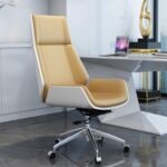 كرسي مكتب إداري مودرن بظهر عالي وهيكل خارجي أبيض - جلد بيج / جملي فاتح (High-Back Modern Executive Office Chair with White Outer Shell - Beige Leather)