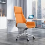 كرسي مكتب إداري مودرن بظهر عالي وهيكل خارجي أبيض - جلد برتقالي / هافان (High-Back Modern Executive Office Chair with White Outer Shell - Vibrant Orange Leather)