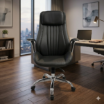 كرسي مكتب إداري متحرك بمسند رأس بخياطة طولية - جلد أسود فاخر (High-Back Executive Swivel Office Chair with Headrest - Sleek Black Leather)