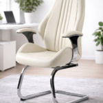 كرسي مكتب ثابت بقاعدة كانتيليفر كروم بخياطة طولية - جلد كريمي / أوف وايت (Fixed Cantilever Executive Chair with Vertical Stitching - Cream Leather)