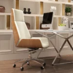 كرسي مكتب إداري مودرن بظهر عالي وهيكل خارجي هافان - جلد بيج / جملي فاتح (High-Back Modern Executive Office Chair with White Outer Shell - Beige Leather)