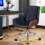 كرسي مكتب إداري فاخر بهيكل خشب الجوز المنحني وقاعدة كروم - جلد أسود (Mid-Back Executive Office Chair with Walnut Bentwood Shell - Black Leather)