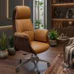 كرسي مكتب إداري فاخر بظهر عالي ومسند رأس ودعم قطني مدمج - جلد بني / جملي (Executive High-Back Office Chair with Headrest & Lumbar Support)