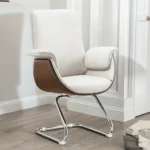 كرسي مكتب ثابت بقاعدة كانتيليفر كروم وتطعيمات فورمايكا خشبية - جلد/قماش كريمي فاتح (Fixed Cantilever Office Chair with Wood-Look Shell - Cream Upholstery)